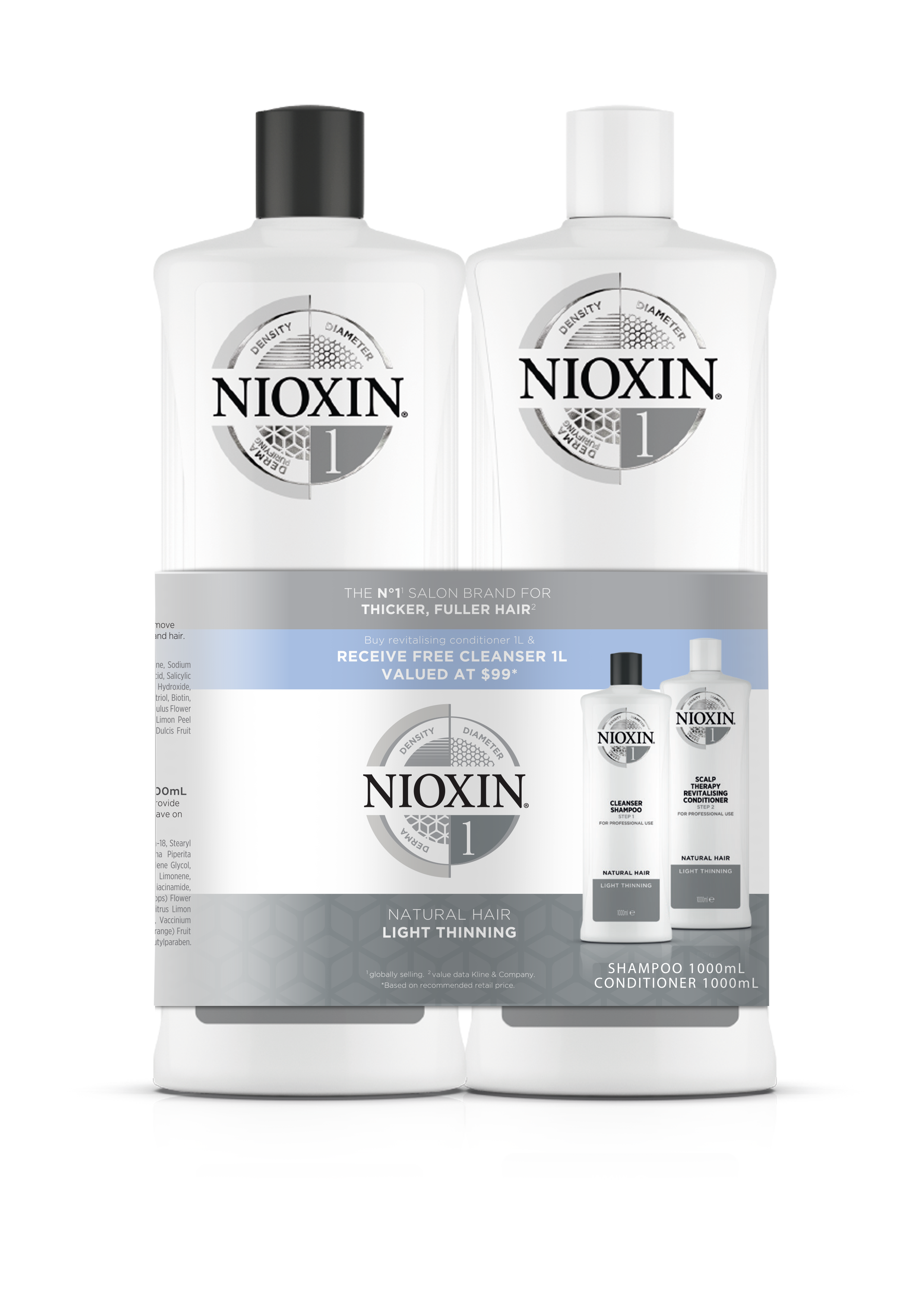 Nioxin System 1 Cleanser Shampoo and Scalp Therapy Revitalising Conditioner 1000ml Bundle