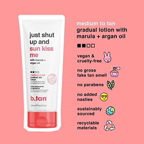 b.tan just shut up & sunkiss me - medium to tan everyday glow lotion 236mL