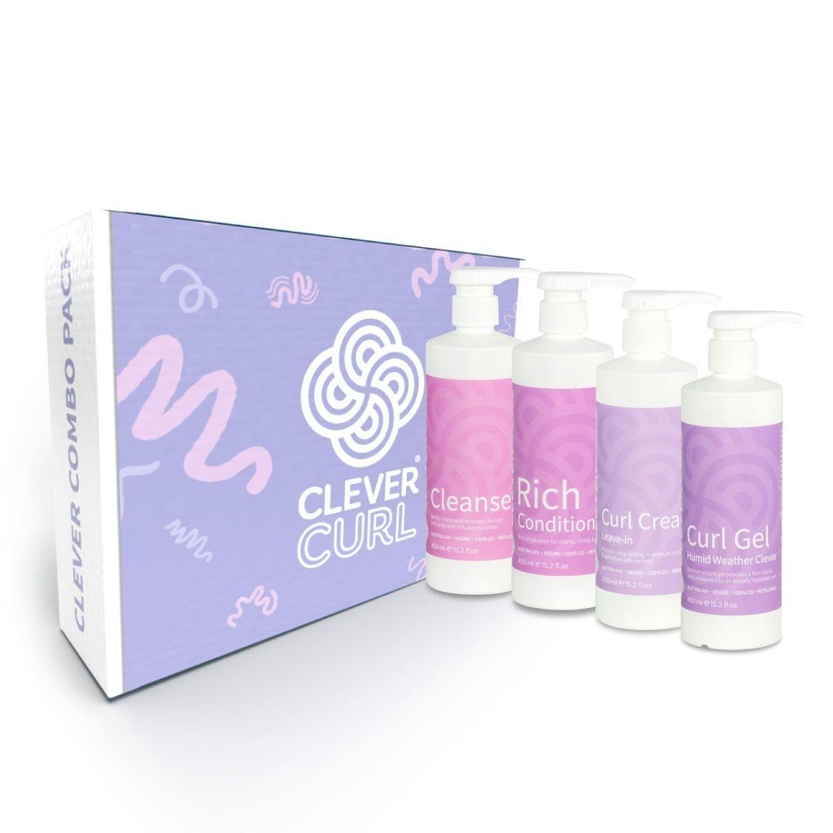 Clever Curl Cleanser, Rich Conditioner, Curl Cream and Humid Weather Gel Combo Pack
