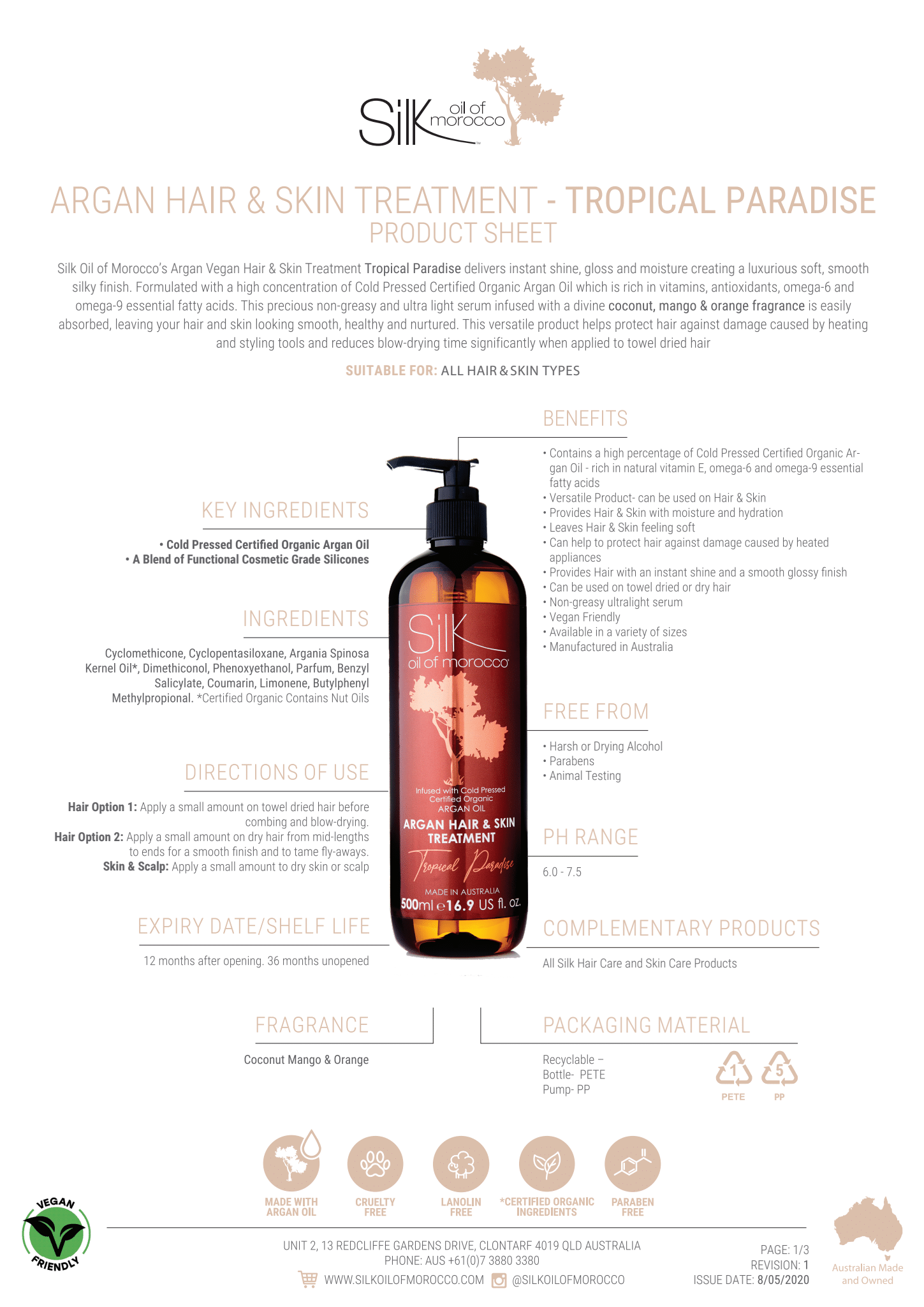 Silk Oil of Morocco Argan Hair & Skin Treatment - Tropical Paradise 500ml